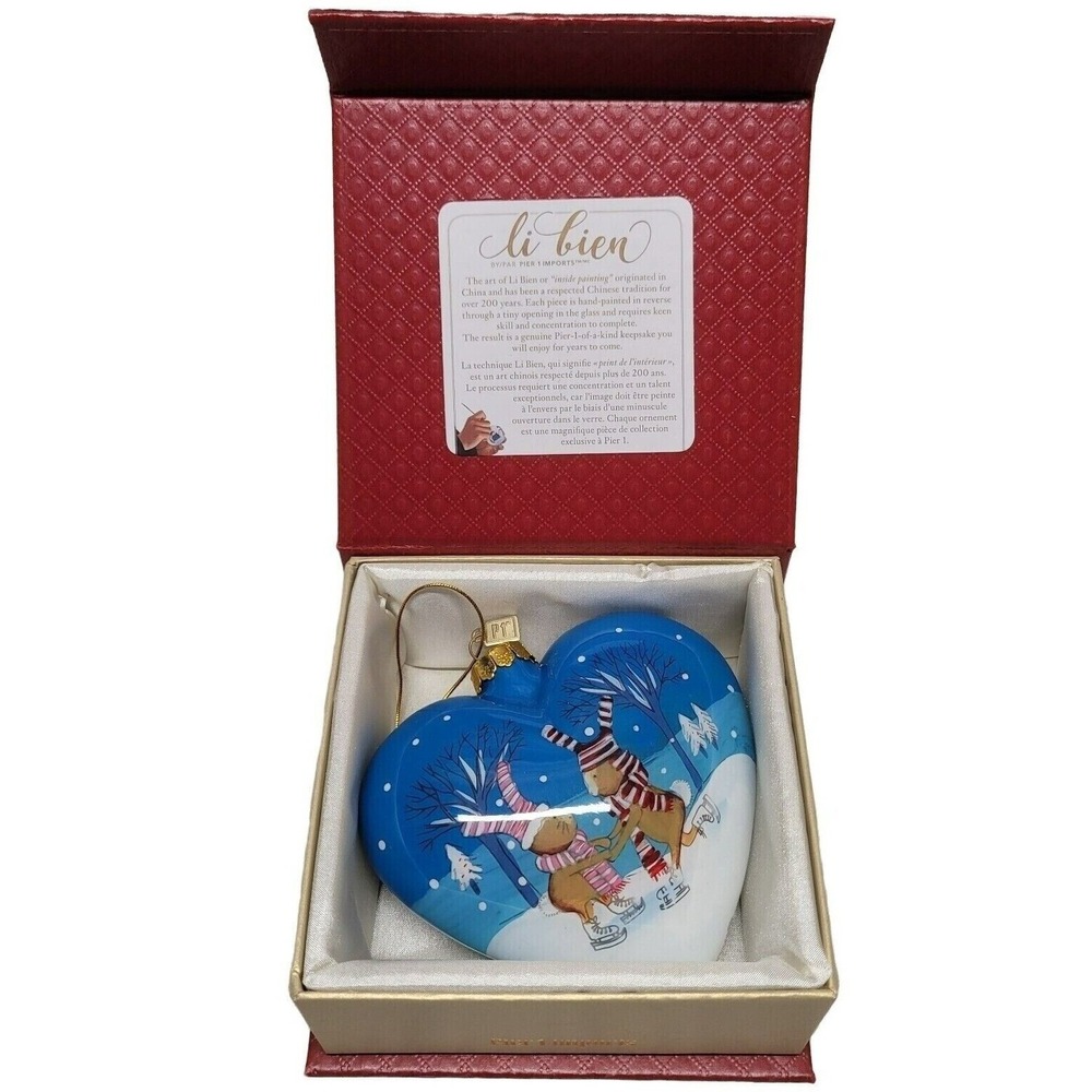 Li Bien Pier 1 Imports 2018 Heart Glass Ornament Ice Skating Bunnies Blue Boxed